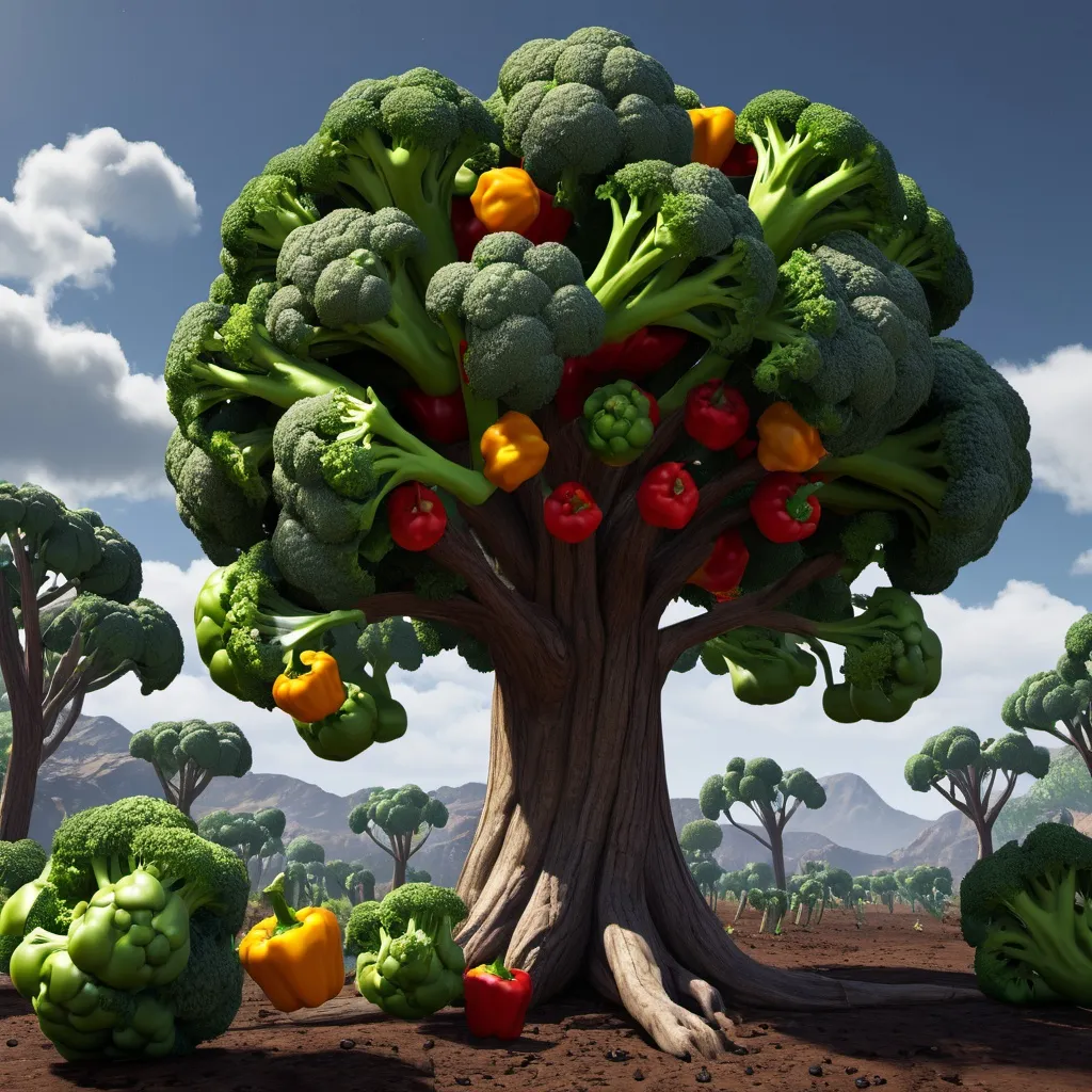 Prompt: A broccoli tree bearing pepper fruits, unreal engine