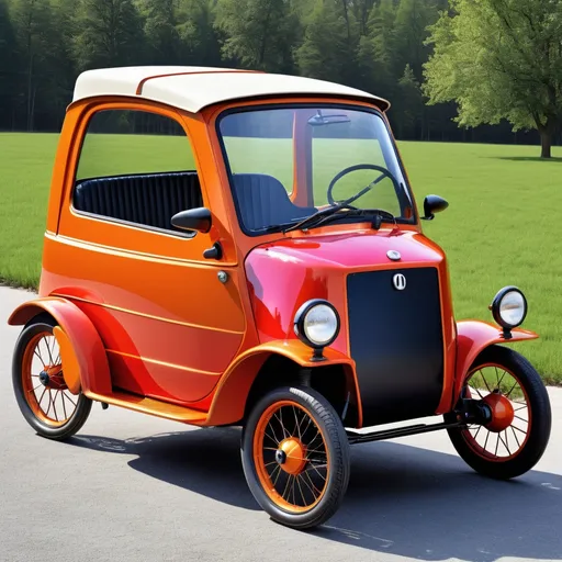 Prompt: A modern microcar as it would have looked like in 1910, vivid colors.