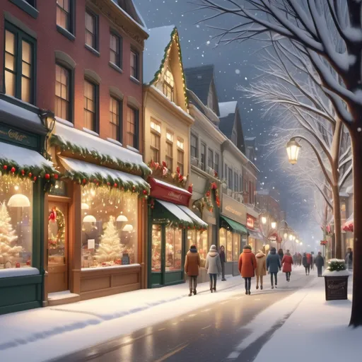 Prompt: A peaceful (winter street scene), adorned with (festive Christmas decorations), gentle (falling snowflakes), warm golden lights illuminating quaint storefronts, lively evergreens decorated with twinkling ornaments, pedestrians bundled in cozy clothing, soft footprints in fresh snow, (dreamy ambiance), (highly detailed), (4K resolution).