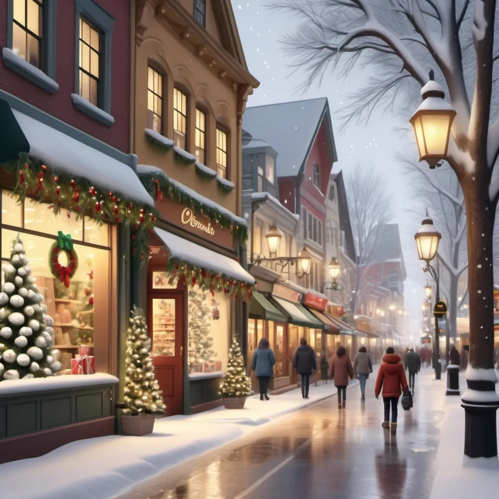 Prompt: A peaceful (winter street scene), adorned with (festive Christmas decorations), gentle (falling snowflakes), warm golden lights illuminating quaint storefronts, lively evergreens decorated with twinkling ornaments, pedestrians bundled in cozy clothing, soft footprints in fresh snow, (dreamy ambiance), (highly detailed), (4K resolution).