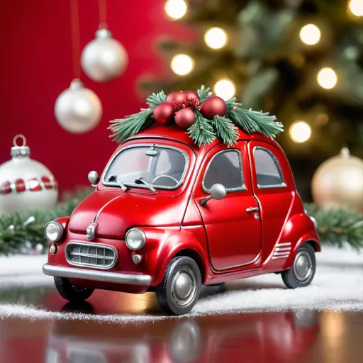 Prompt: A red microcar made out of glass and cast iron ornaments, Christmas decoration in the background