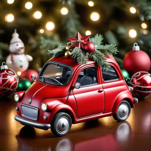 Prompt: A red microcar made out of glass and cast iron ornaments with Christmas decoration