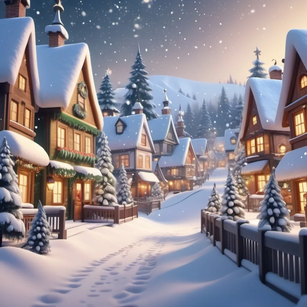 Prompt: A peaceful (winter village scene), adorned with (festive Christmas decorations), gentle (falling snowflakes), lively evergreens decorated with twinkling ornaments, soft footprints in fresh snow, (dreamy ambiance), (highly detailed), (4K resolution).