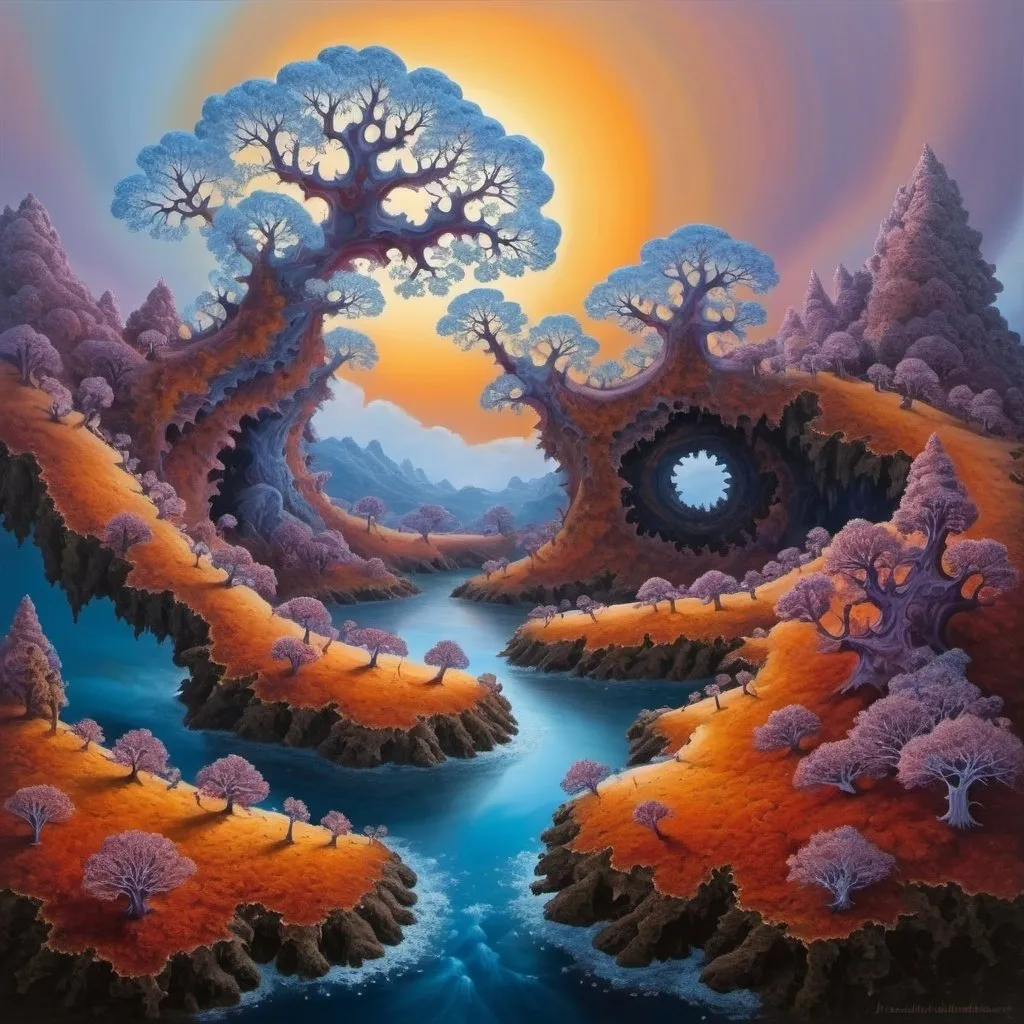 Prompt: Please create a beautiful landscape based on the Mandelbrot set. Oil painting.