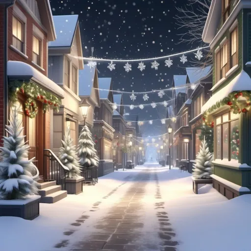 Prompt: A peaceful (winter street scene), adorned with (festive Christmas decorations), gentle (falling snowflakes), lively evergreens decorated with twinkling ornaments, soft footprints in fresh snow, (dreamy ambiance), (highly detailed), (4K resolution).