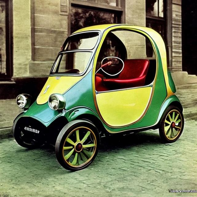 Prompt: A modern microcar as it would have looked like in 1910, vivid colors.