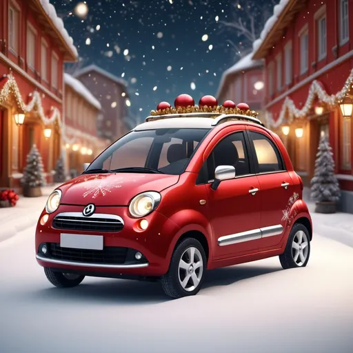 Prompt: (red Aixam microcar), intricately designed with (cast iron ornaments), sparkling with soft (gold and silver tones), set in a cozy festive atmosphere, illuminated by (warm glowing lights), wrapped in a beautiful winter backdrop with shimmering snowflakes, ultra-detailed, 4K resolution, (holiday spirit).