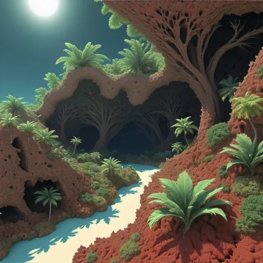 Prompt: Tropical landscape based on the Mandelbrot set. 