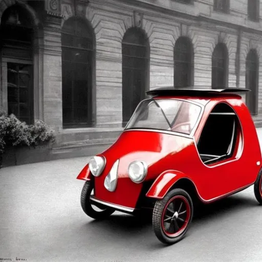 Prompt: A modern microcar as it would have looked like in 1910, in red color.