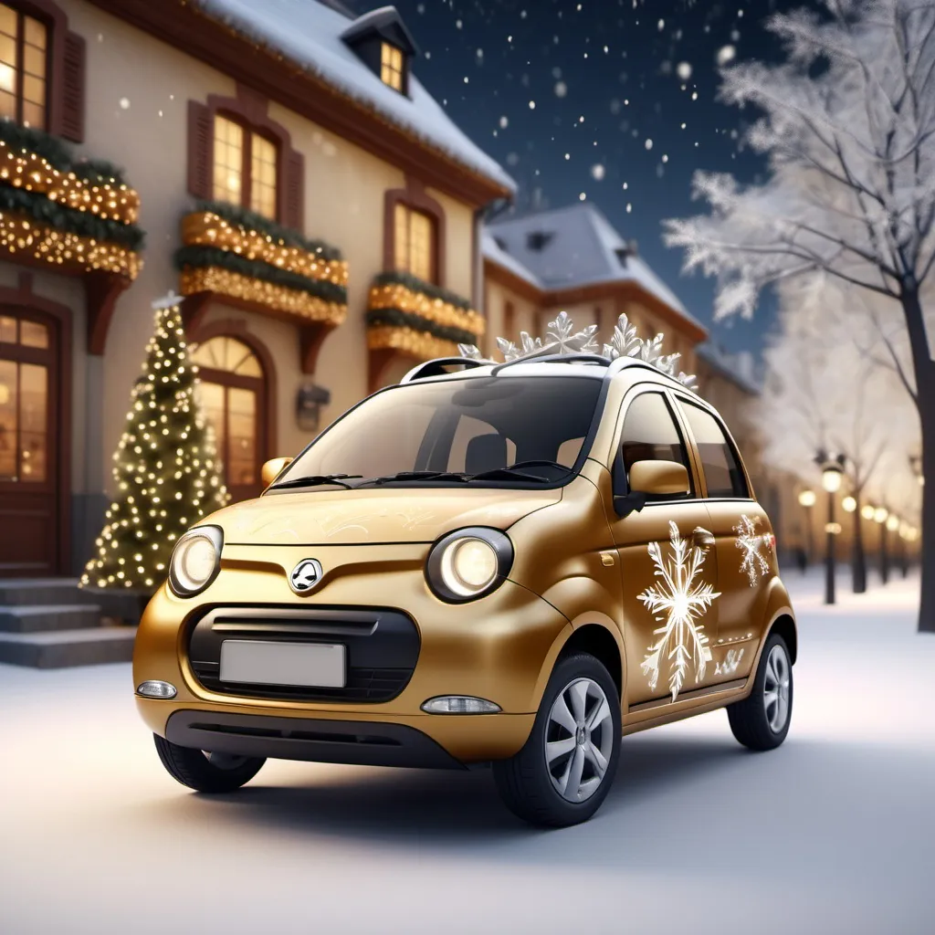 Prompt: (Aixam microcar), intricately designed with (cast iron ornaments), sparkling with soft (gold and silver tones), set in a cozy festive atmosphere, illuminated by (warm glowing lights), wrapped in a beautiful winter backdrop with shimmering snowflakes, ultra-detailed, 4K resolution, (holiday spirit).