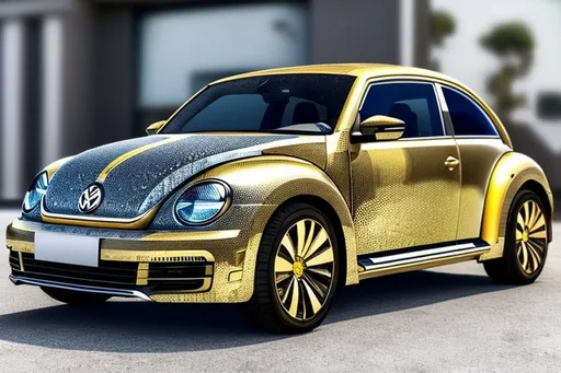 Prompt: Gemstone-encrusted VW beetle, luxurious gold and silver body, sparkling diamonds, high-end luxury car, detailed gemstone exterior, 4k ultra-detailed, luxurious, extravagant, gemstone-encrusted, gold and silver, high quality, shiny, detailed, exquisite craftsmanship