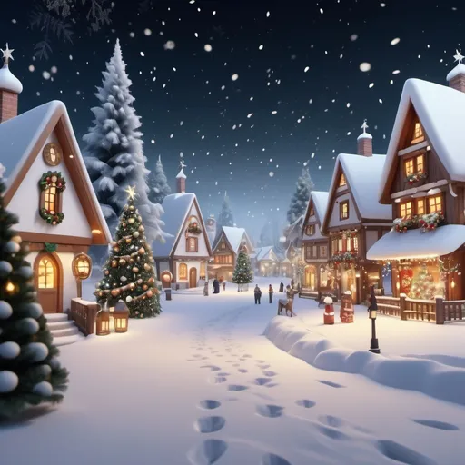 Prompt: A peaceful (winter village scene), adorned with (festive Christmas decorations), gentle (falling snowflakes), lively evergreens decorated with twinkling ornaments, lots of christmas decoration, soft footprints in fresh snow, (dreamy ambiance), (highly detailed), (4K resolution).