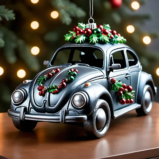 Prompt: A VW beetle made out of glass and cast iron ornaments, Christmas decoration