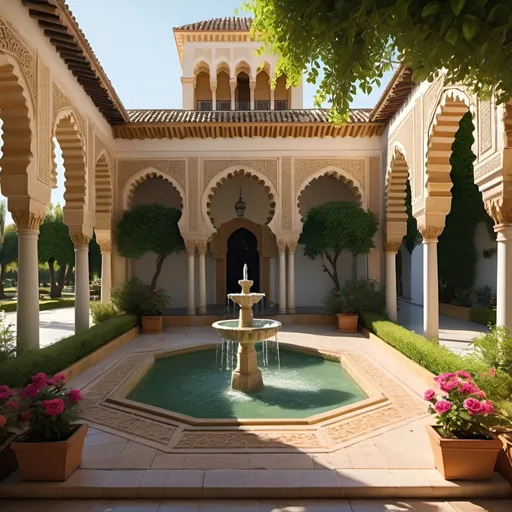 Prompt: Cordoba Nasrin Palace Gardens, vibrant floral paradise, intricate Islamic architecture, patio, lush greenery, serene water fountains, high quality, highly detailed, vibrant, Islamic art style, warm tones, natural sunlight, photorealistic, 8K