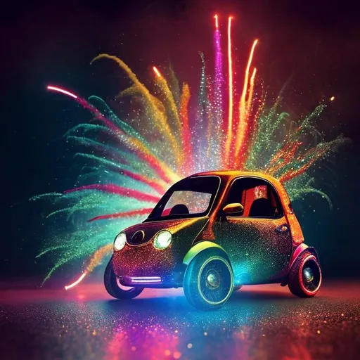 Prompt: Microcar built out of fireworks, explosive display, colorful sparks, intricate details, high quality, digital art, vibrant colors, surreal lighting, fantasy, explosive patterns, miniature scale, dynamic composition