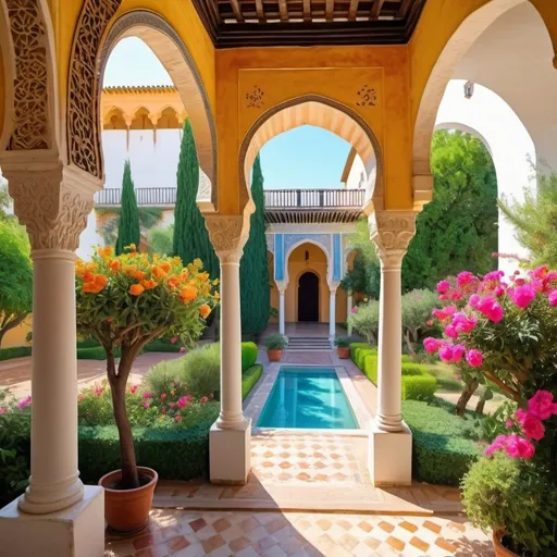 Prompt: Nasrin Palace gardens in Cordoba, vibrant floral paradise, intricate Islamic architecture, sunny Andalusian vibes, high-quality, detailed, watercolor painting, vibrant colors, intricate details, ornate patterns, lush greenery, colorful blooms, peaceful ambiance, scenic beauty, historic elegance, sunny lighting