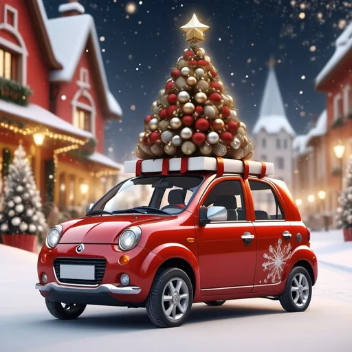 Prompt: (red and white Aixam microcar), intricately designed with (cast iron ornaments), sparkling with soft (gold and silver tones), Christmas tree on top, set in a cozy festive atmosphere, illuminated by (warm glowing lights), wrapped in a beautiful winter backdrop with shimmering snowflakes, ultra-detailed, 4K resolution, (holiday spirit). Please add the following text: "Frohe Weihnachten!"