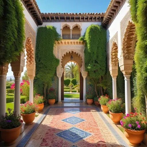 Prompt: Nasrin Palace gardens in Cordoba, vibrant floral paradise, intricate Islamic architecture, sunny Andalusian vibes, high-quality, detailed, watercolor painting, vibrant colors, intricate details, ornate patterns, lush greenery, colorful blooms, peaceful ambiance, scenic beauty, historic elegance, sunny lighting