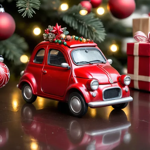 Prompt: A red microcar made out of glass and cast iron ornaments with Christmas decoration