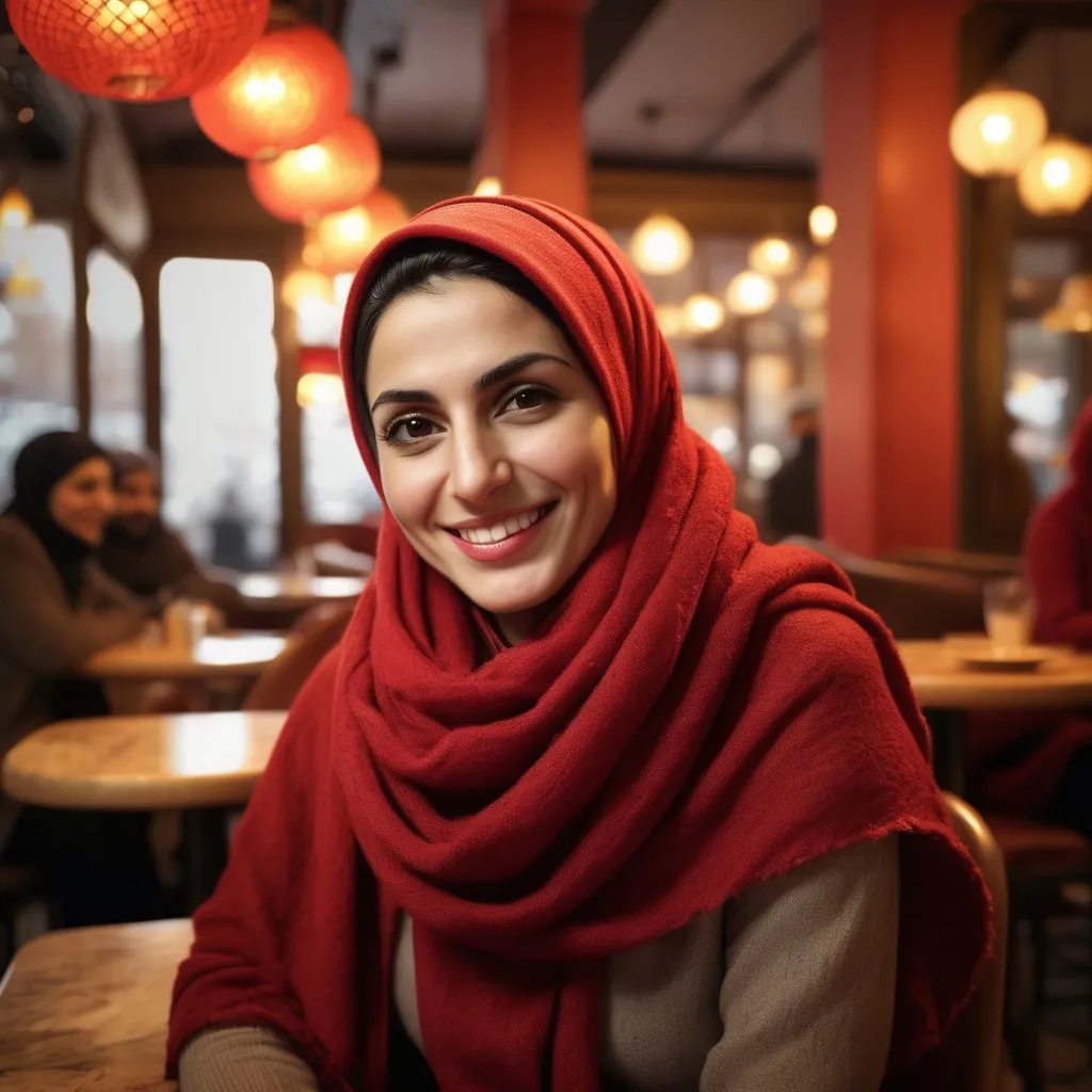 Prompt: (35-year-old Iranian woman), wearing a (red shawl) on her head, (smiling brightly), sitting in a cozy café, dressed in elegant Iranian fashion winter attire, surrounded by a warm atmosphere, with softly glowing lights, captured in superb HD quality, showcasing rich textures and colors, evoking a cheerful and inviting mood, while she engaged in her work with a joyful demeanor.