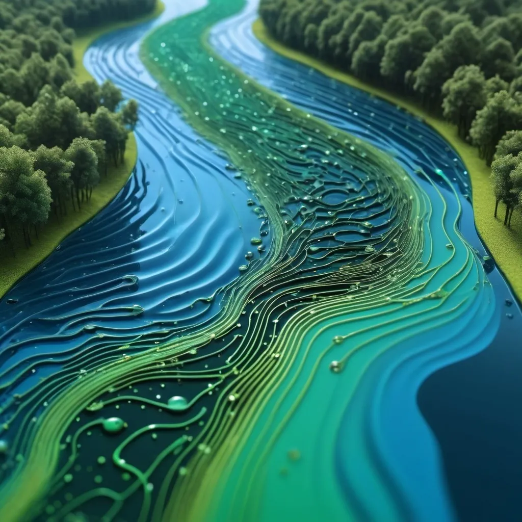 Prompt: beautiful data of water level morphs into blue waves and a green river and then into a circuit board