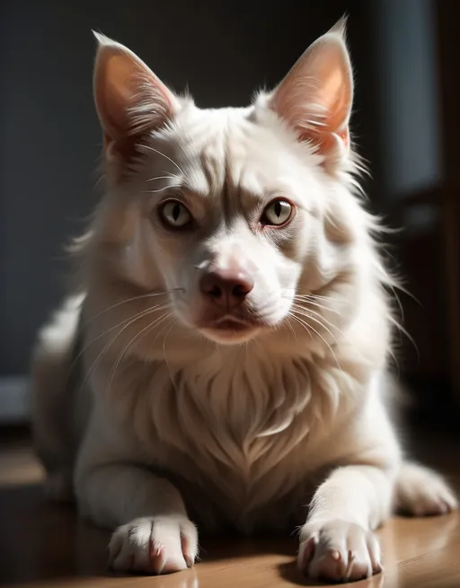Prompt: hybrid of cat and dog, half cat half dog, high quality, atmospheric lighting