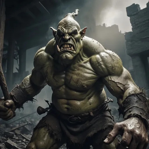 Prompt: (grotesque two-headed ogre), towering figure, savage expression, wielding a massive club, dynamic action, crushed debris, chaos around, eerie atmosphere, (dramatic lighting), rich textures of skin, (strong shadows), misty background, intense foreground detailing, emphasizing destruction, high energy, “4K”, “ultra-detailed”, “cinematic mastery”, evoking fear and awe.