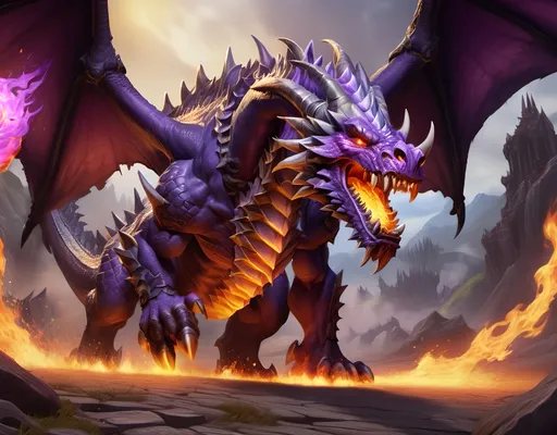 Prompt: World of Warcraft Sinestra Dragon, Firebreathing on hordes of berzerkers, running away from the fire, Purple Flames, 4k, Extra Detailed, Hero standing in the middle defiant and fighting.