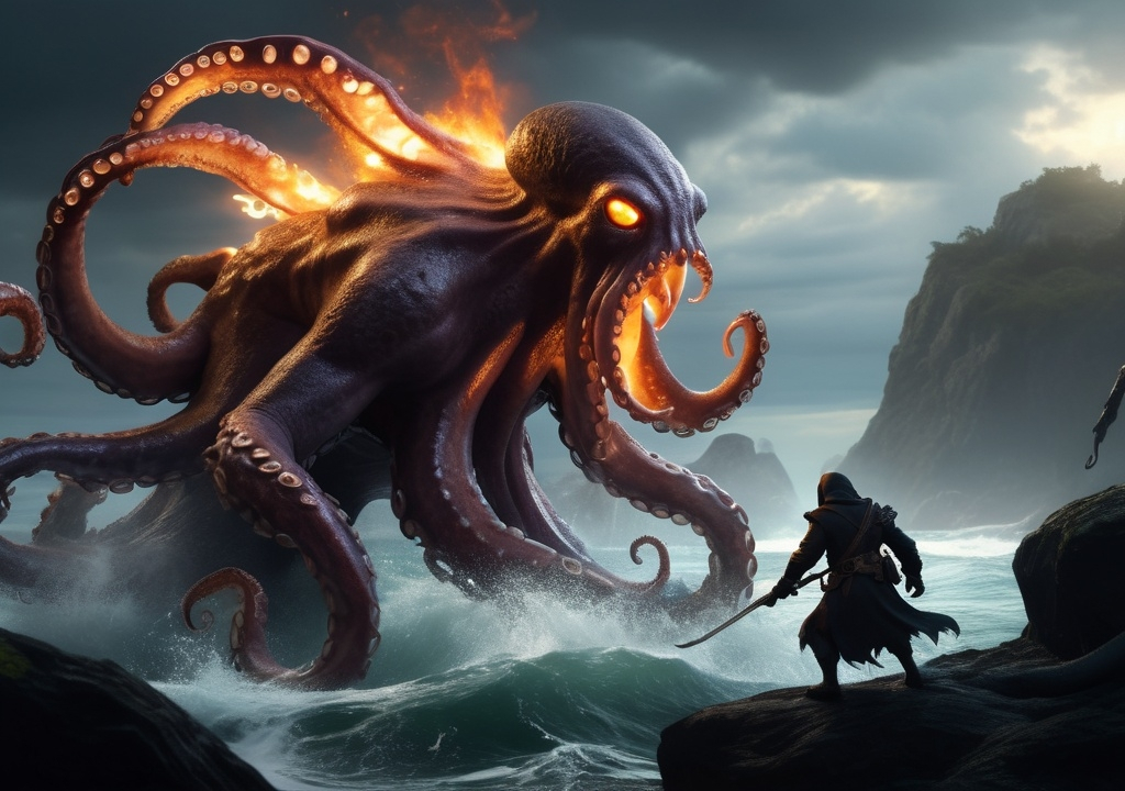 Prompt: (Feral Cat Druid), dynamic battle scene, swiping claws on fire, giant octopus attacking from the coast, dark color scheme, mysterious misty atmosphere, epic fantasy RPG style, intense action, high contrast shadows, cinematic depth, ultra-detailed models, fantasy creatures, 4K resolution, immersive environment, captivating composition, dramatic lighting effects.