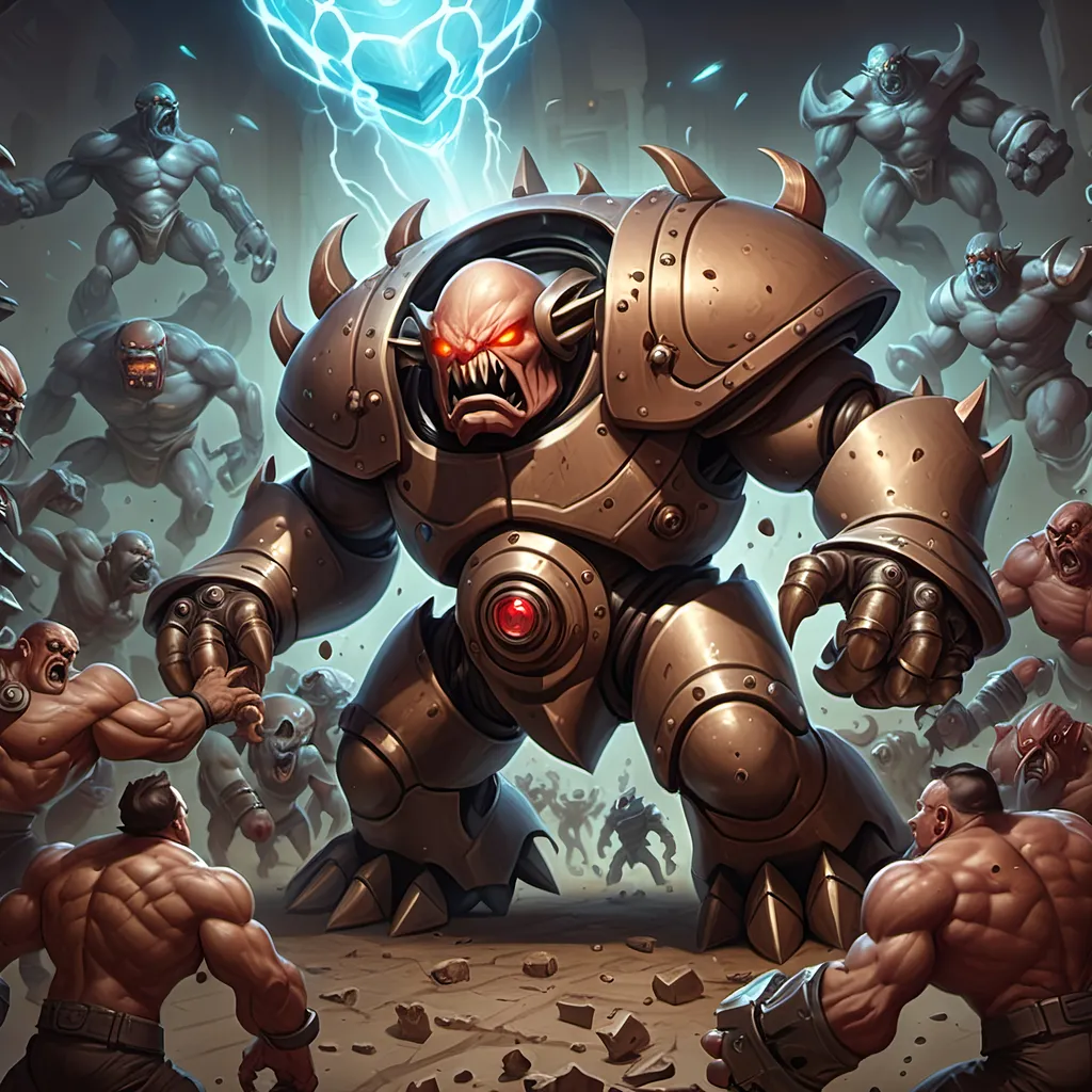 Prompt: Omnitron Golem creature being attacked by 25 Champions of the horde