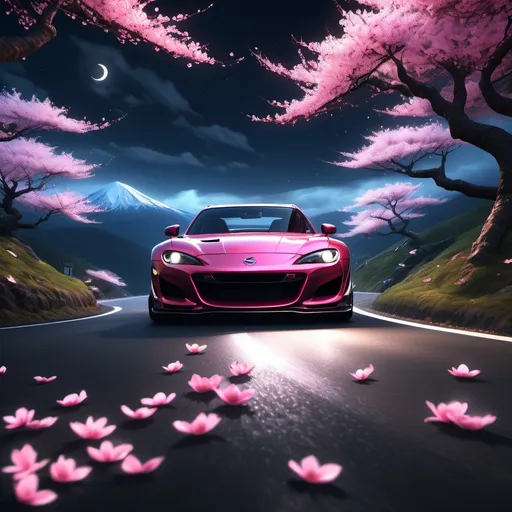 Prompt: (rx7 drifting on mountain pass), (night scene), (dramatic moonlight casting shadows), cherry blossom petals swirling, breathtaking mountain backdrop, ethereal atmosphere, vibrant color contrast between dark skies and blossoms, high-speed motion blur, 4K ultra-detailed render, engaging and exhilarating ambiance, beautiful harmony of nature and automotive thrill.