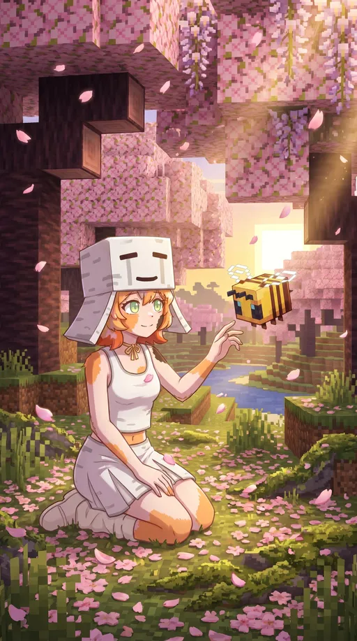 Prompt: @Ee8GBNlYLr4uyFH3VKk4 is playing  with minecraft bee in the cherry bloom forest. 