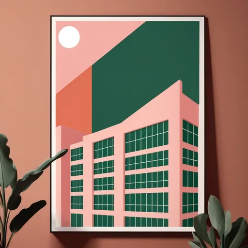 Prompt: Create a poster where in Bauhaus is combined with wes Anderson style. Poster size A1. Make colors pink (soft pastel) and dark green and terracotta. Ik don't want People in it, but reference to antwerp city. 