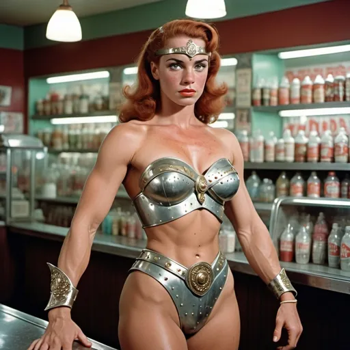 Prompt: a haughty freckled muscular amazonian warrior princess bodybuilder wearing damaged Hellenic armor at the soda shop in a 1950s super panavision film