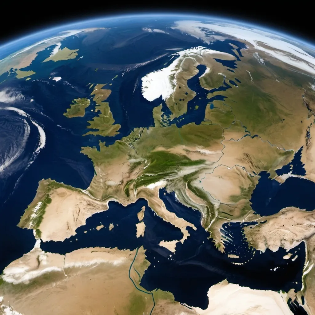 Prompt: earth from space, showing the curve of the earth,  showing europe with space above