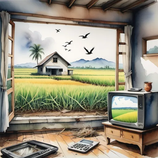 Prompt: subtle watercolor painting of a landscape scene. there is an abandoned TV from early 2000s. the tv is inside a house and a glamorous TV show is playing. in the background scene is window with the view of a Philippines sugarcane fields in the province  in the back is an abandoned nest and a flock of birds flying the other direction. 