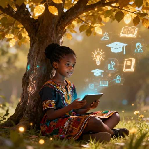 Prompt: “A young African girl sitting under a tree, holding a glowing tablet, surrounded by holographic symbols of learning — soft lighting, hopeful mood, futuristic yet natural environment.”
