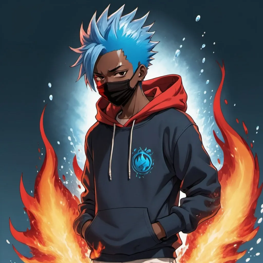 Prompt:  A not too muscular but muscular black 17 YEAR OLD boy who wears a mask with blue hair spiky hair going down at the same time he has the power of fire and water  mostly water he wear a red and blue hoodie where the red and blue mixes together make it anime.