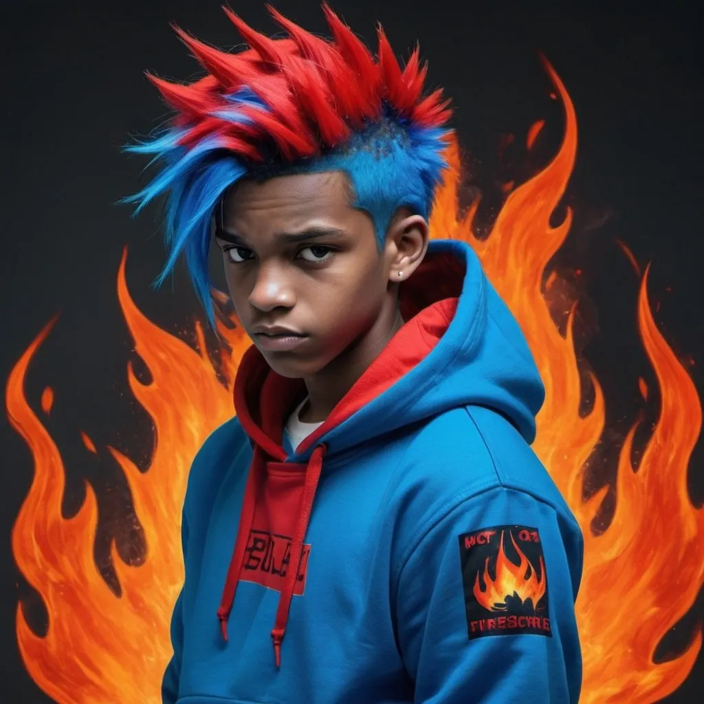 Prompt:  A not too muscular but muscular black 15 year old boy with blue hair spiky hair going down at the same time he has the power of fire and water he wear a red and blue hoodie where the red and blue mixes together.