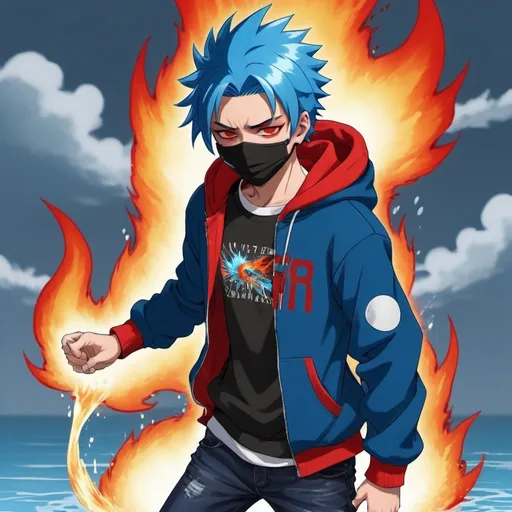 Prompt: A not too muscular but muscular black 17 YEAR OLD boy who wears a mask with blue hair spiky hair going down at the same time he has the power of fire and water mostly water he wear a red and blue hoodie where the red and blue mixes together make it anime and he wears shades on his forehead make it anime