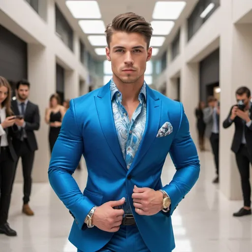 Prompt: A Muscular 25 year old man in a blue Flashy suit as a fashion model in a fashion building posing and looking handsome to the camera as people are surrounding him taking picture of him in a magazine called handsomeness.