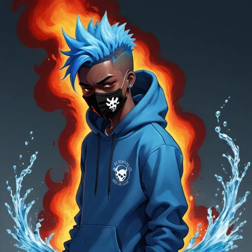 Prompt:  A not too muscular but muscular black 17 YEAR OLD boy who wears a mask with blue hair spiky hair going down at the same time he has the power of fire and water  mostly water he wear a red and blue hoodie where the red and blue mixes together.