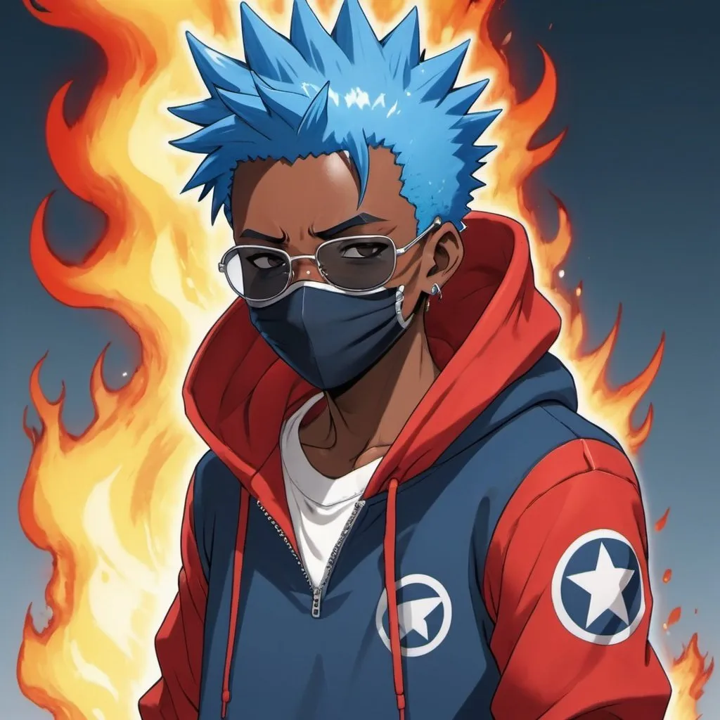 Prompt: A not too muscular but muscular black 17 YEAR OLD black boy who wears a mask with blue hair spiky hair going down at the same time he has the power of fire and water mostly water he wear a red and blue hoodie where the red and blue mixes together make it anime and he wears shades on his forehead make it anime