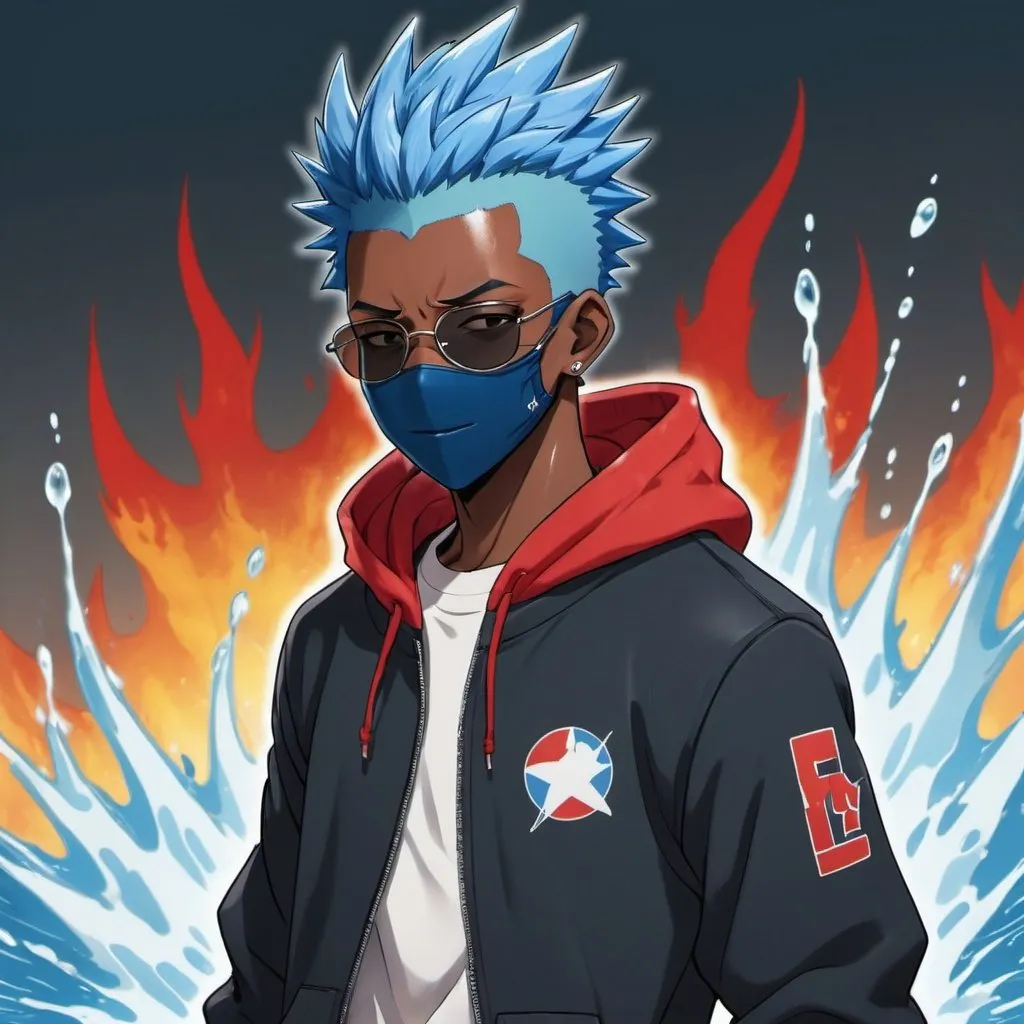 Prompt: A not too muscular but muscular black 17 YEAR OLD black boy who wears a mask with blue hair spiky hair going down at the same time he has the power of fire and water mostly water he wear a red and blue hoodie where the red and blue mixes together make it anime and he wears shades on his forehead make it anime