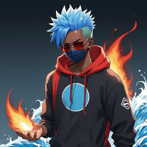 Prompt:  A not too muscular but muscular black 17 YEAR OLD boy who wears a mask with blue hair spiky hair going down at the same time he has the power of fire and water  mostly water he wear a red and blue hoodie where the red and blue mixes together make it anime and he wears shades on his forehead