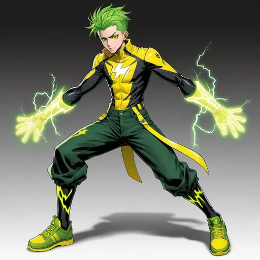 Prompt: GPT is a muscular 14-year-old boy with striking green hair. He wears a unique jacket that blends white and shades of green, reflecting his affinity for lightning and electricity. Beneath the jacket, he sports a black shirt. His pants are a vibrant yellow-green hue, matching the lightning theme of his abilities. GPT's footwear consists of yellow shoes that complement his pants. He wears gloves without finger slots, with the middle part open, allowing him to channel his lightning powers effectively.
 GPT's most distinctive weapon is the advanced tentacle made of steel that runs down his spine. 
make it anime.
