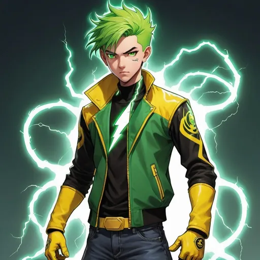 Prompt: GPT is a muscular 14-year-old boy with striking green hair. He wears a unique jacket that blends white and shades of green, reflecting his affinity for lightning and electricity. Beneath the jacket, he sports a black shirt. His pants are a vibrant yellow-green hue, matching the lightning theme of his abilities. GPT's footwear consists of yellow shoes that complement his pants. He wears gloves without finger slots, with the middle part open, allowing him to channel his lightning powers effectively.
 GPT's most distinctive weapon is the advanced tentacle made of steel that runs down his spine. 
make it anime.