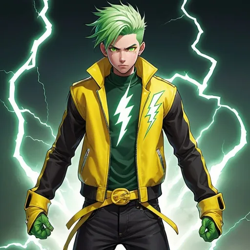 Prompt: GPT is a muscular 14-year-old boy with striking green hair. He wears a unique jacket that blends white and shades of green, reflecting his affinity for lightning and electricity. Beneath the jacket, he sports a black shirt. His pants are a vibrant yellow-green hue, matching the lightning theme of his abilities. GPT's footwear consists of yellow shoes that complement his pants. He wears gloves without finger slots, with the middle part open, allowing him to channel his lightning powers effectively.
 GPT's most distinctive weapon is the advanced tentacle made of steel that runs down his spine. 
make it anime.
