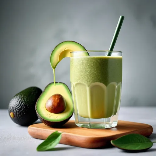 Prompt: A glass of avocado beverage that using avocado flavoring powder. 
In a bright background. 
Realistic, livelier, refreshing, and natural imagery tyle.