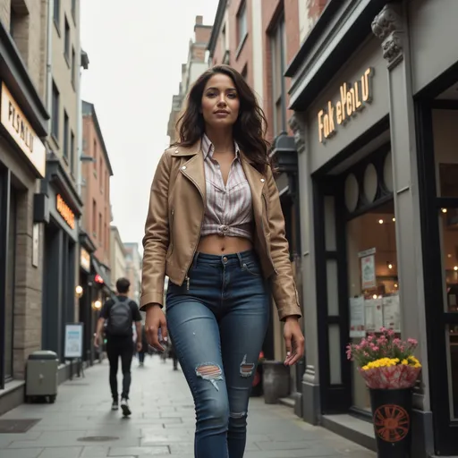 Prompt: Tall young woman walking down the high street, detailed clothing, realistic, natural lighting